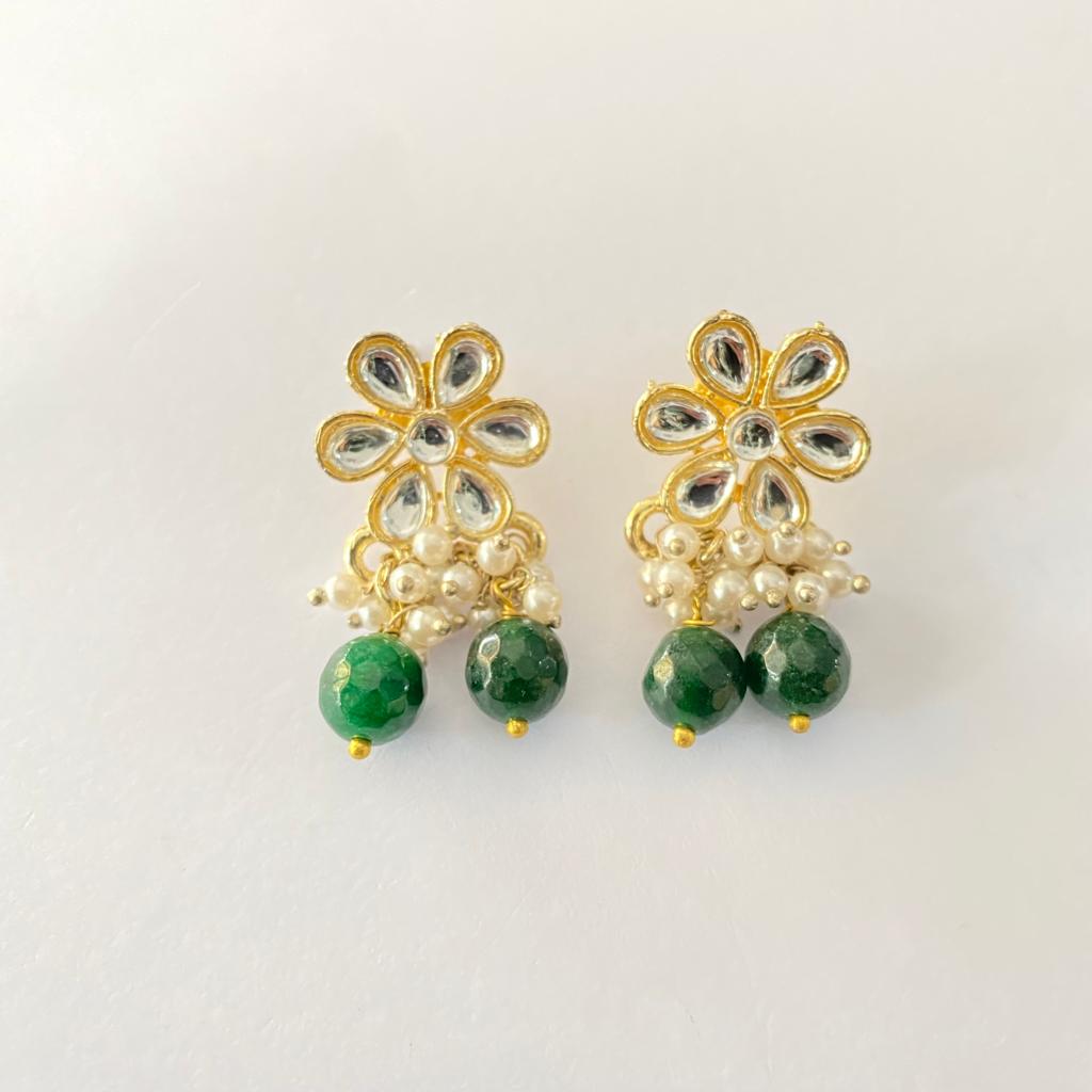 Gold Plated Floral Polki With Emerald  Earring