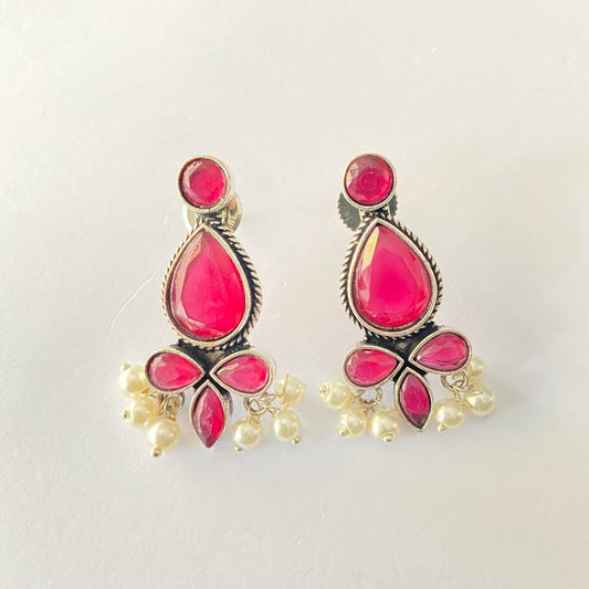 Ruby With Pearl Oxidised Earring