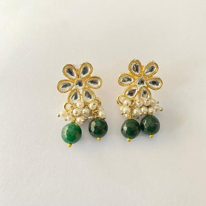 Gold Plated Floral Polki With Emerald  Earring