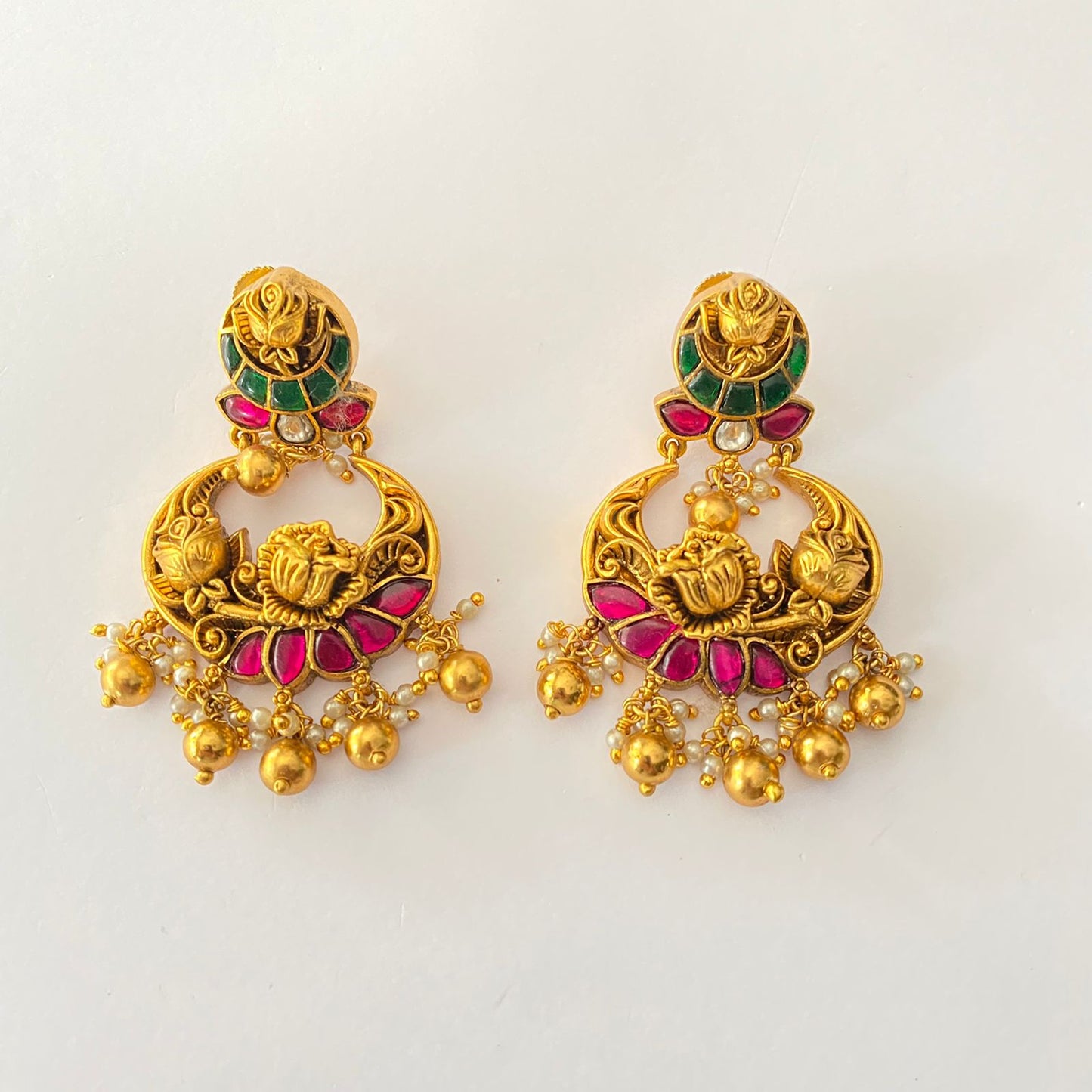 Gold Plated Temple Rose Design Emerald $ Ruby Earring