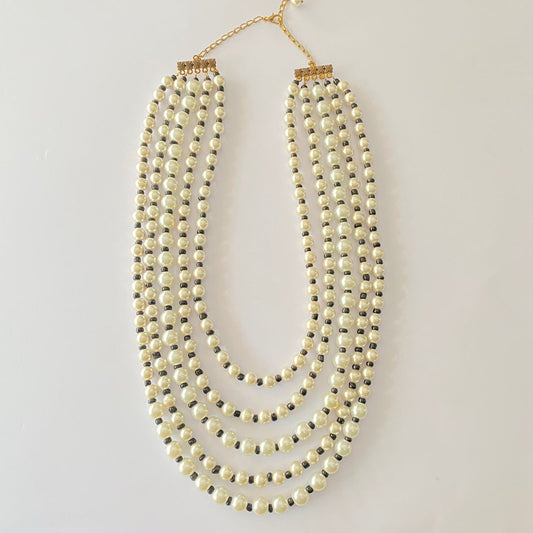 White Pearl Black Long Necklace