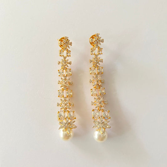 Gold Plated Diamond Long Pearl Earring