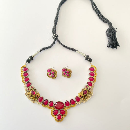 Gold Oxidised Ruby Elephant Design Necklace Set