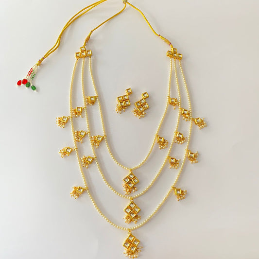 3 Layered Multi Strand Floral Kundan & Pearl Beaded Long Necklace