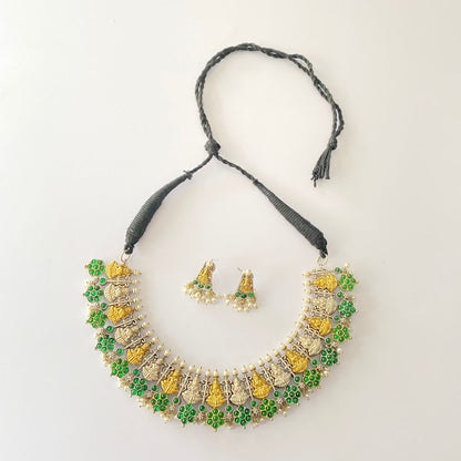 German Silver Gold Lakshmi Emerald Necklace Set