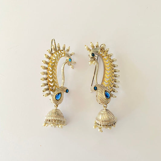 German Silver Plated Blue Diamond With Pearl Peacock Earring