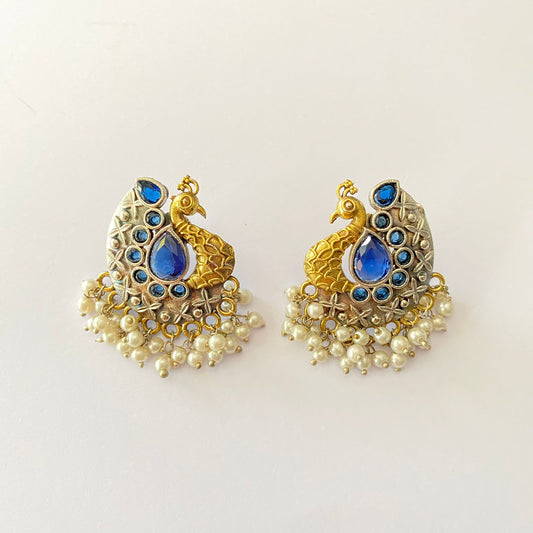 German Silver Peacock Design Pearl Blue Diamond Earring