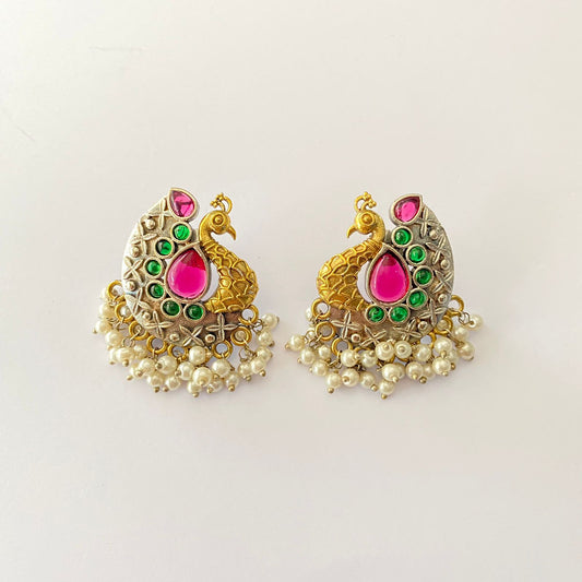 German Silver Pearl Ruby Peacock Design Earring