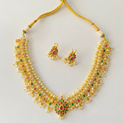 Gold Plated Pearl Jadau Necklace Set