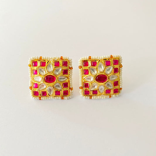 Ruby Stone Gold Plated White Moti Beads Stud