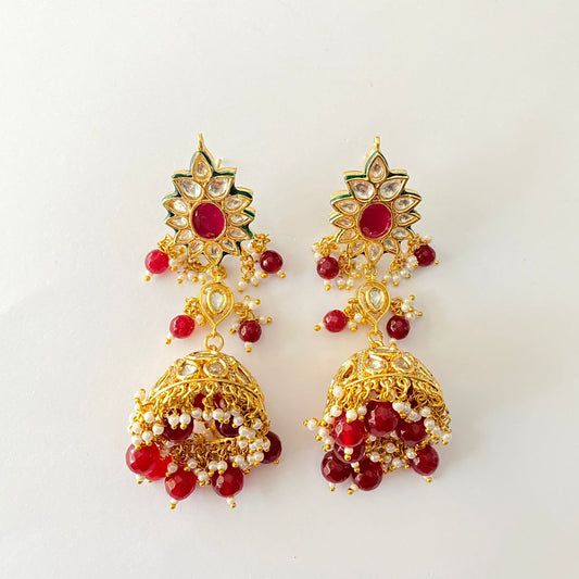 Gold Plated Ruby Peral Polki Jhumka Earring