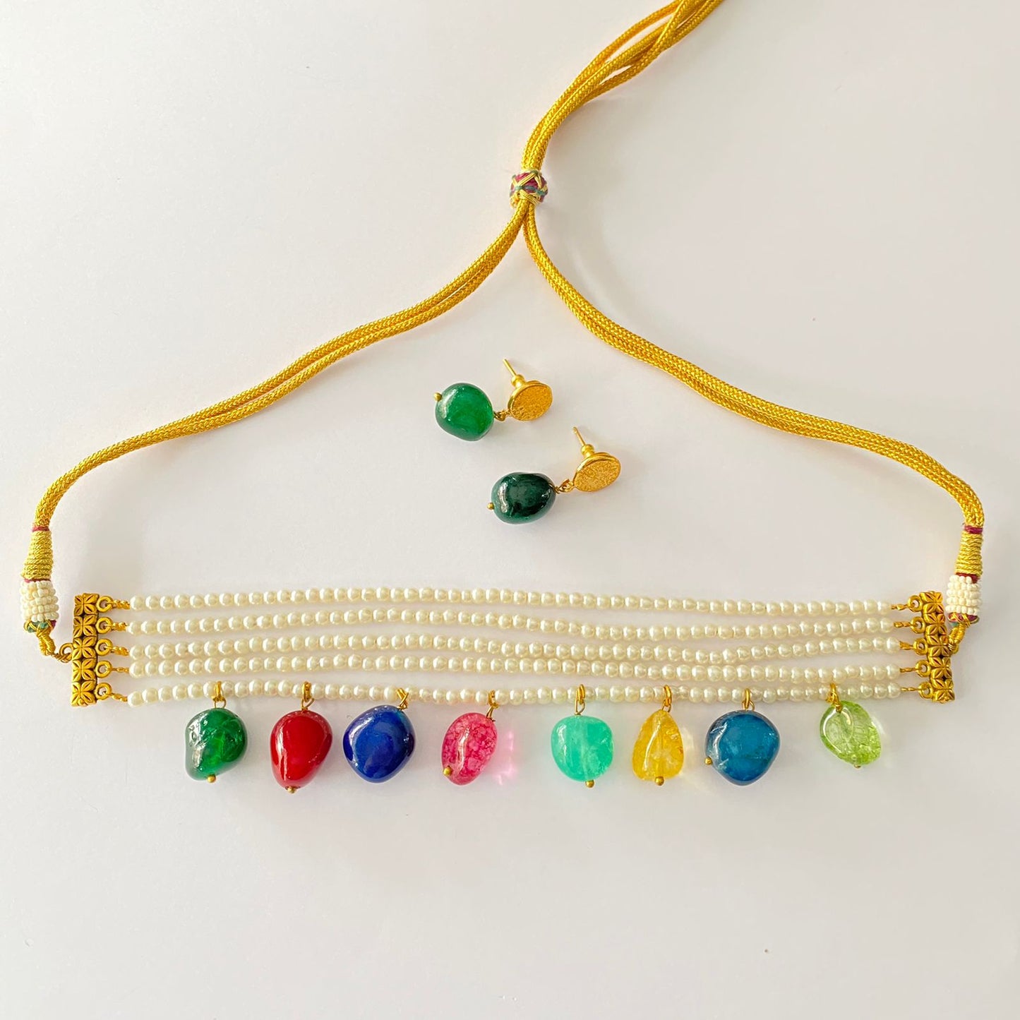White Moti Beads Multi Stone Choker Necklace Set