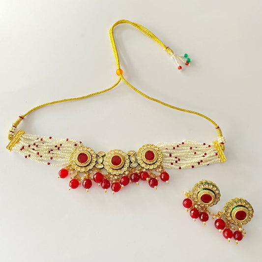 White Moti Beads Ruby Polki Drop Pearl Choker Necklace Set