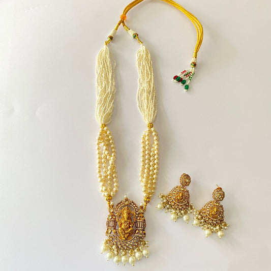 White Pearl Gold Plated Ganesha Diamond Long Necklace Set