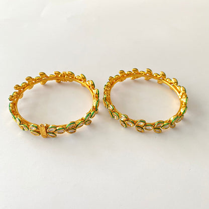 Gold Plated Leaf Design Kundan Bangle Pair