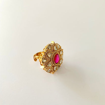 Gold Plated Diamond Polki Ruby Ring