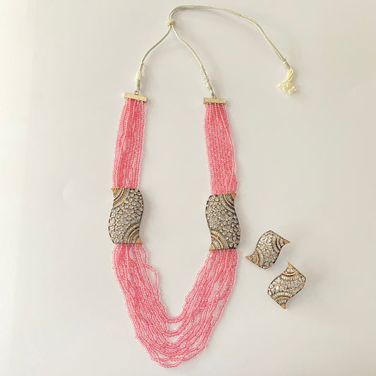 Baby Pink Moti Beads Diamond Long Necklace Set