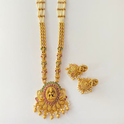 Gold Plated Moti Beads Temple Multi Laxmi Long Necklace Set