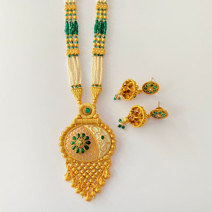 Gold Plated Emerald Moti Beads Long Temple Necklace Set