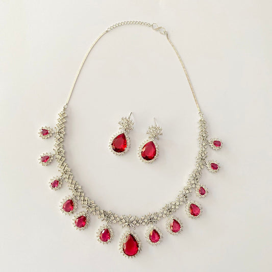 Ruby Diamond Silver Plated Diamond Necklace Set