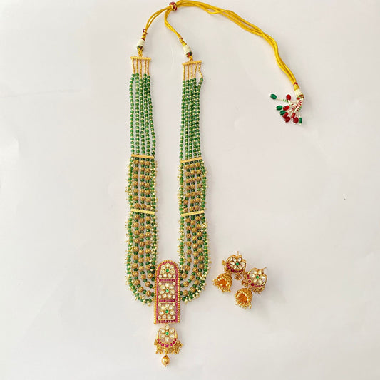 Emerald Kundan Pearl Long Necklace Set