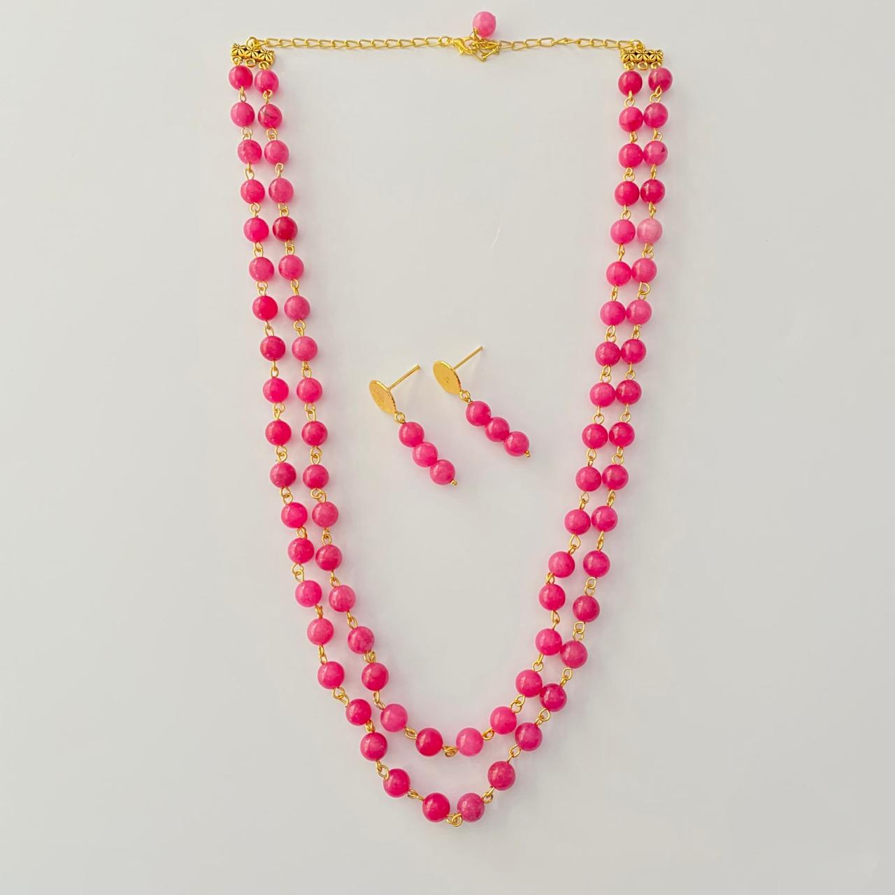 Pink Double String Necklace With Earring