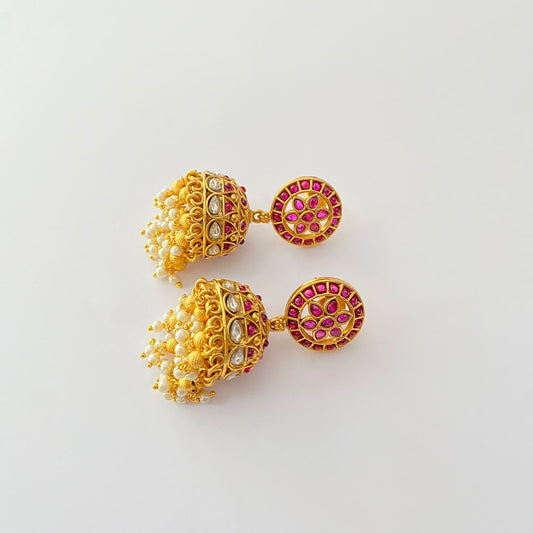 Gold Plated Ruby Stone Pearl Jhumka