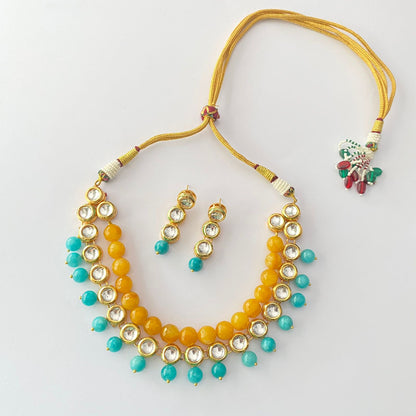 Kundan Yellow & Firoza Pearl Necklace