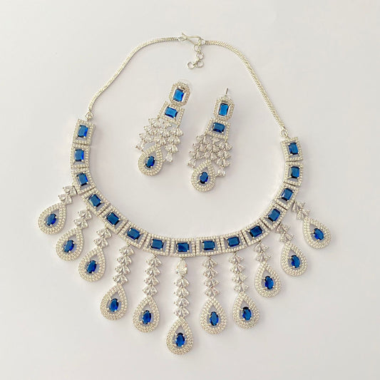 Silver Plated Blue Diamond Necklace Set