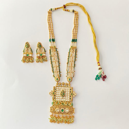 Polki Emerald With small Pearl long Necklace Set