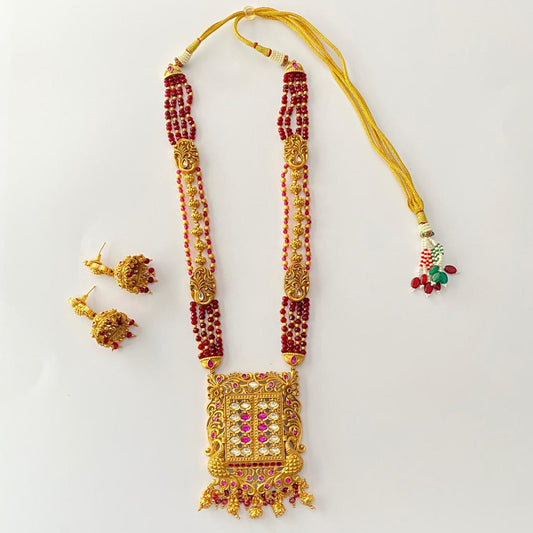 Polki Gold Plated Ruby Long Necklace Set