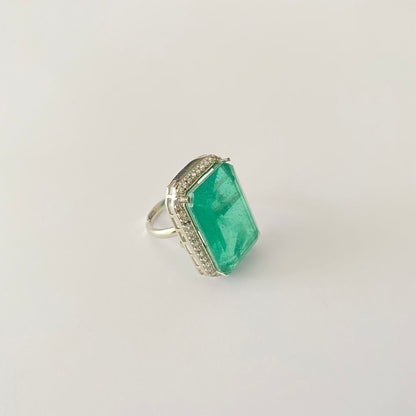 Aquamarine Diamond Silver Plated Ring