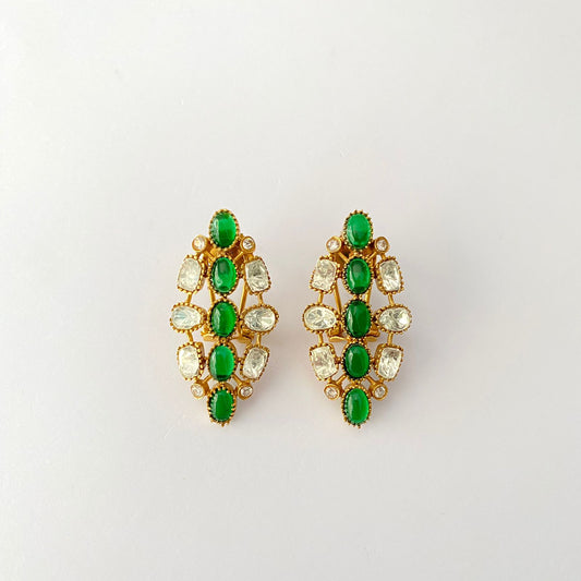 Gold Plated Emerald Polki Earring With Back Clip
