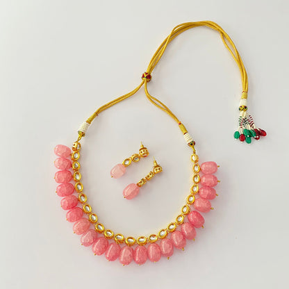 Gold Plated Kundan Drop Baby Pink Stone Necklace