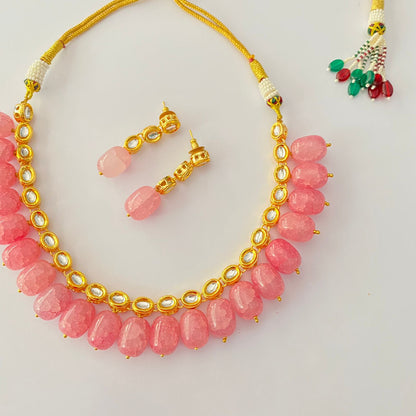 Gold Plated Kundan Drop Baby Pink Stone Necklace