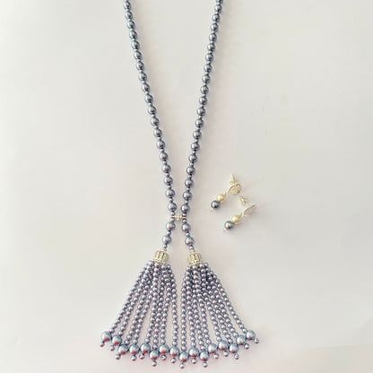 Grey Pearl Long Necklace Set
