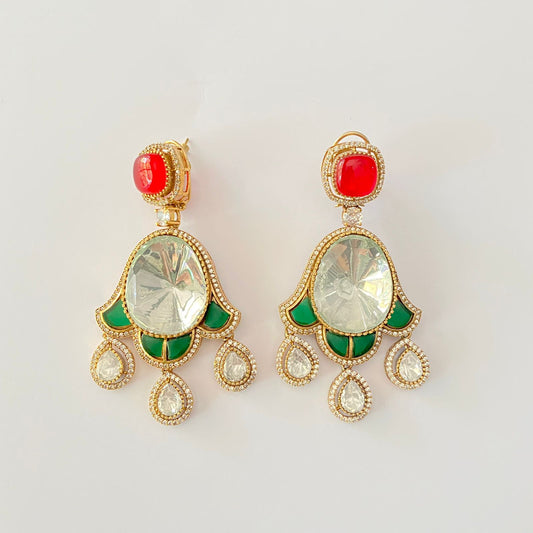 Diamond Polki With Back Clip Emerald & Ruby Earring