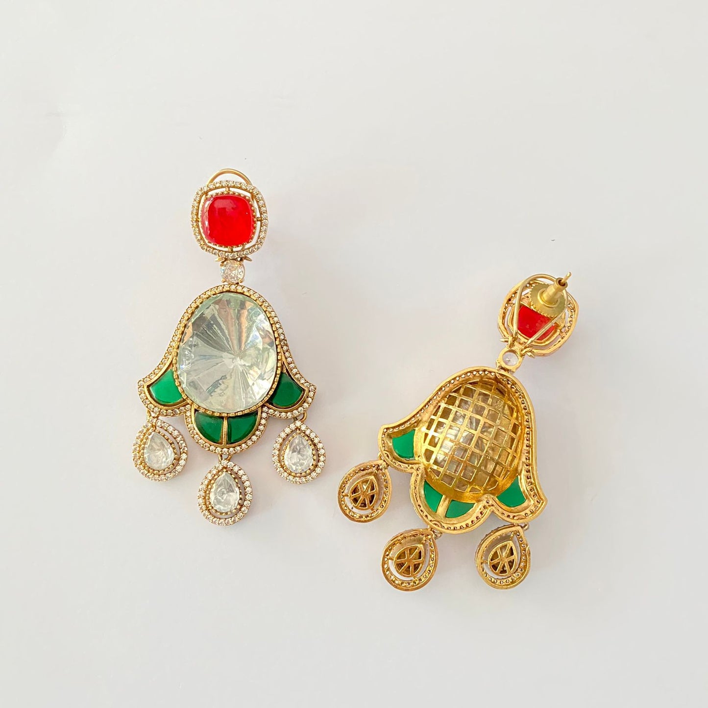 Diamond Polki With Back Clip Emerald & Ruby Earring