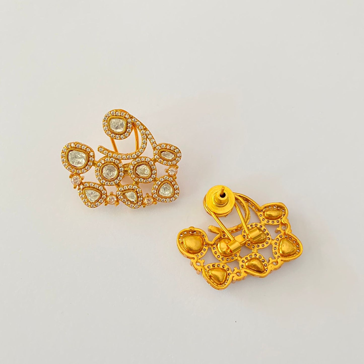 Gold Plated Diamond Polki With Back Clip Stud