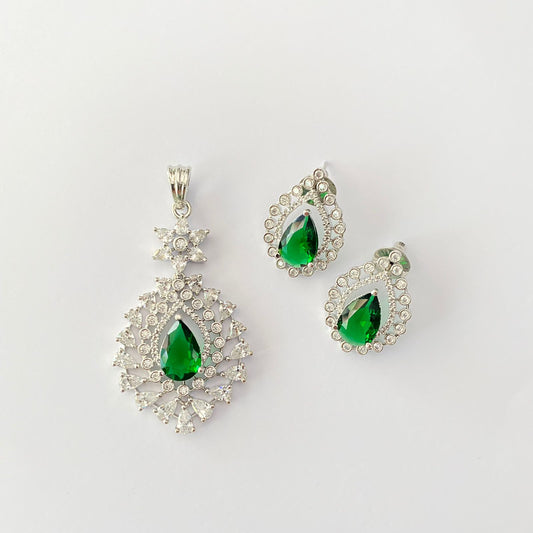 Emerald Diamond Silver Plated Pendant Set