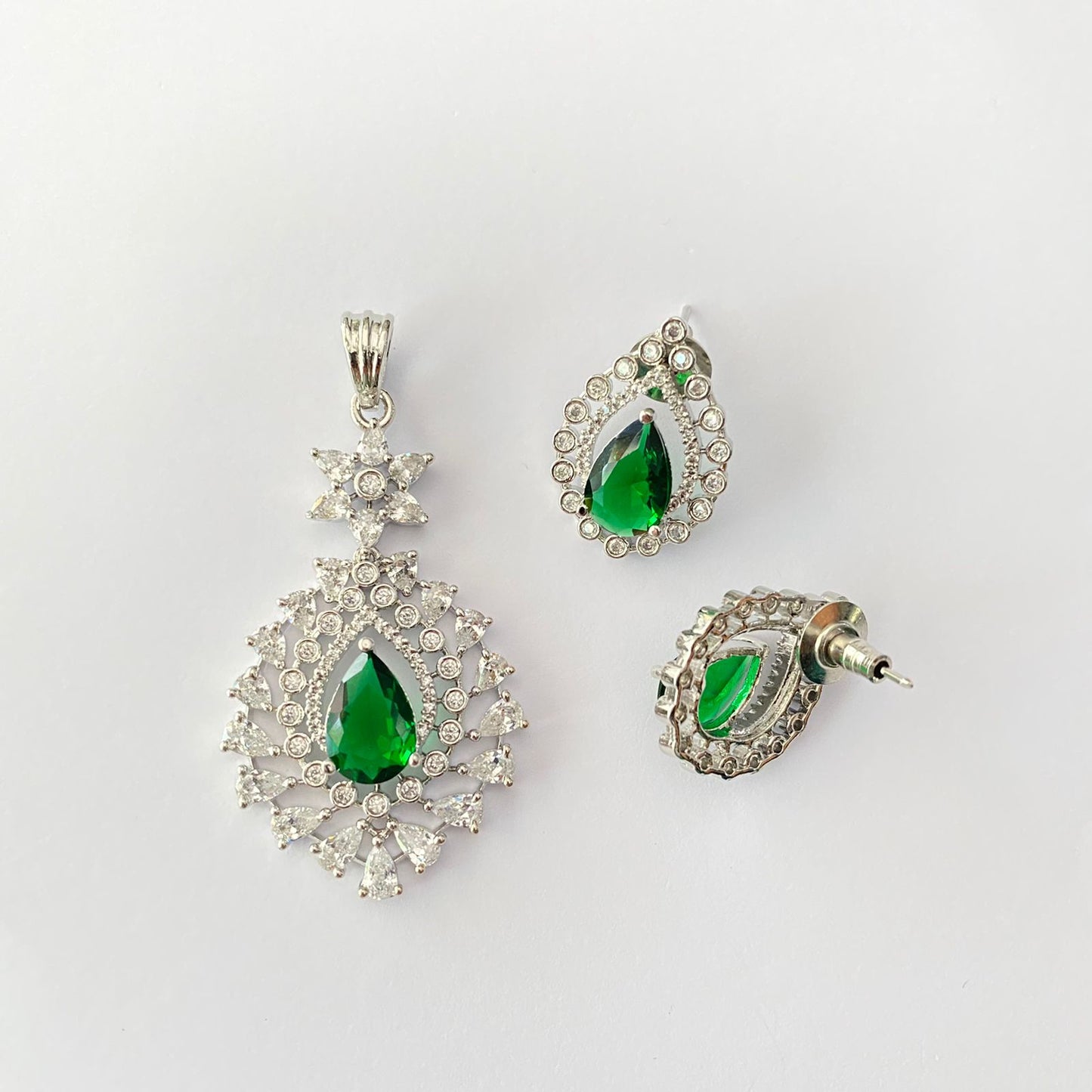 Emerald Diamond Silver Plated Pendant Set