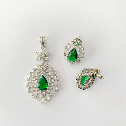 Emerald Diamond Silver Plated Pendant Set