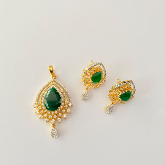 Gold Plated Emerald Diamond Pendant Set