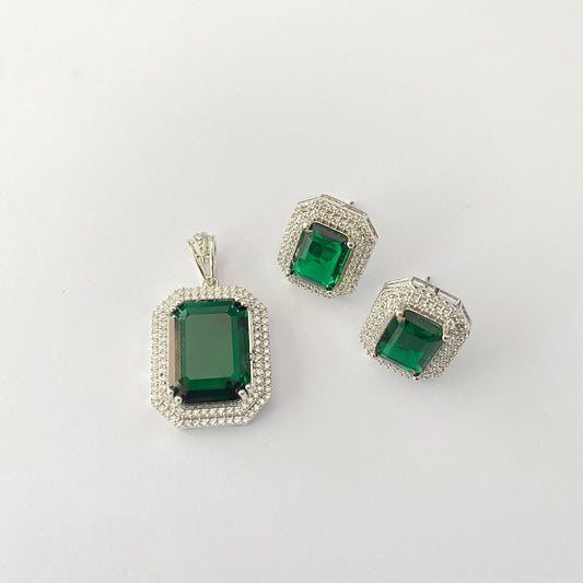 Emerald Diamond Silver Plated Pendant Set