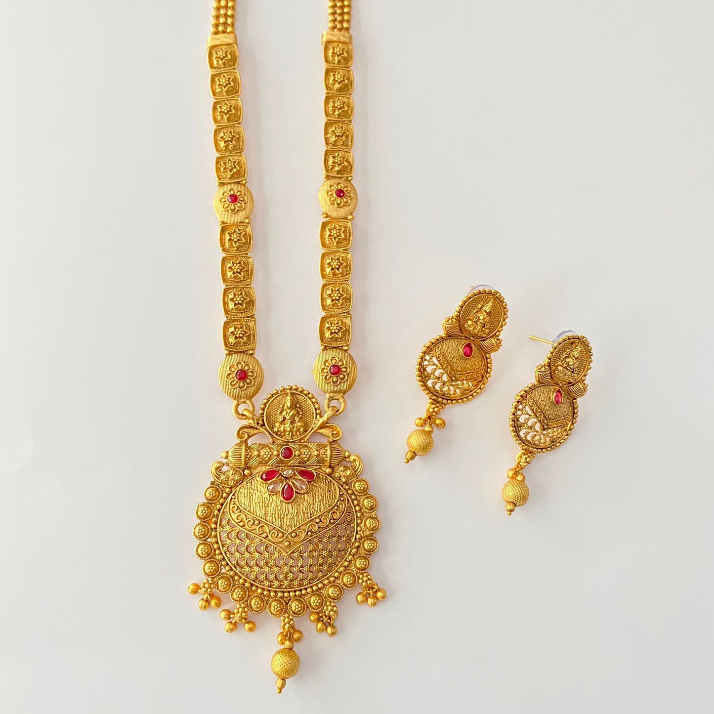 Gold Plated Temple Ruby Laxmi Long Necklace Set