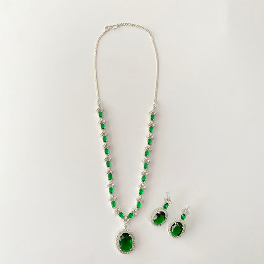 Silver Plated Emerald Diamond Necklace Set