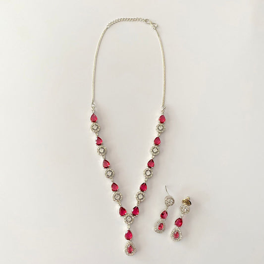 Diamond Silver Plated Ruby Necklace Set