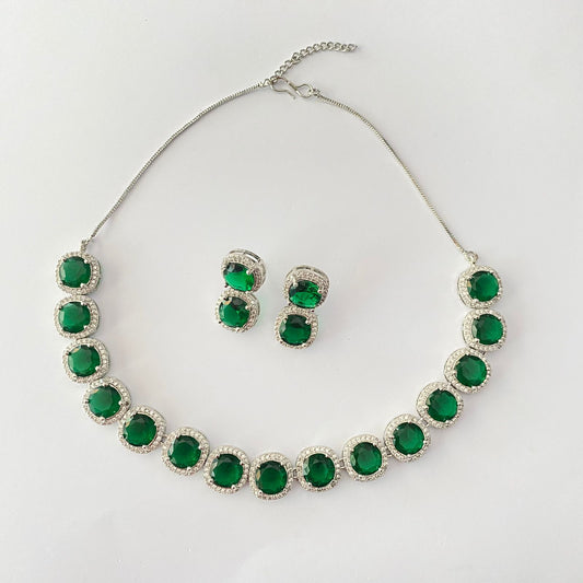 Emerald Silver Plated Diamond Necklace Set