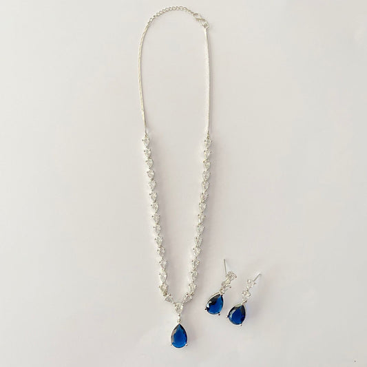 Silver Plated Sleek Blue Diamond Necklace Set