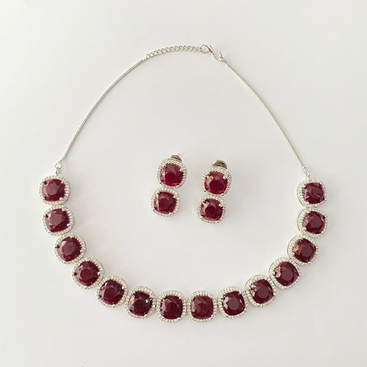 Ruby Silver Plated Diamond Necklace Set